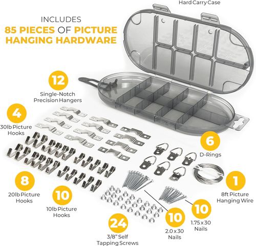 Go Hang It! Pro,All-in-One Picture Hanging Kit - Picture Leveling and Hanging Tool - Hang Sawtooth-Wire Hangers - Wall Hanging Kit and Level Tool - Hardware Case with 85-Piece Hanging Essentials