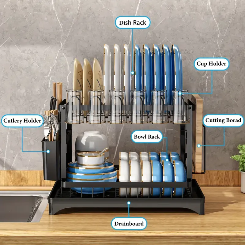 Bepatio Double-Layer Kitchen Countertop Drain Rack, Metal Material, with Drain Board, Can Hold Tableware, Carbon Steel Material, Kitchen Storage Rack