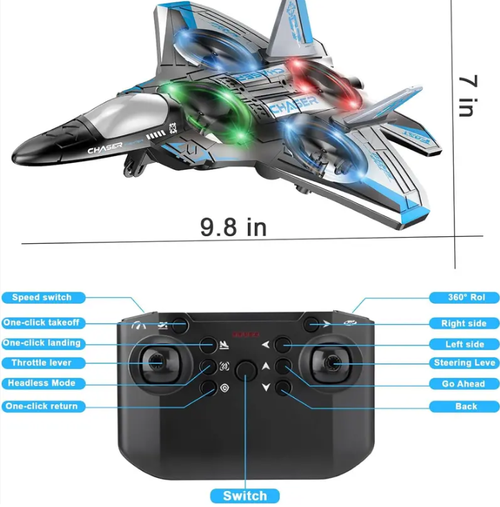 Remote-Controlled Fighter Jet — Crash-Resistant Quadcopter Drone with Colorful LED Lights — RC Aircraft Model Toy for Kids