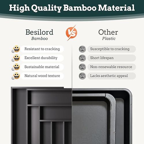 Silverware Organizer Large, Magnetic Connected Expandable 8 Slots Silverware Drawer Organizer from 12 to 20 Inches, Adjustable Flatware and Cutlery Holder, Bamboo Utensil Tray for Kitchen Black