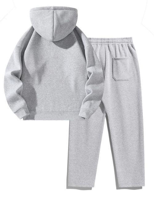 Men's Plain Two-piece Sweatsuit Set, Basic Regular Fit Casual Drop Shoulder Half Zip Zippers Long Sleeves Fitted Hoodie & Pocket Drawstring Elastic Sweatpants, Men's Clothing