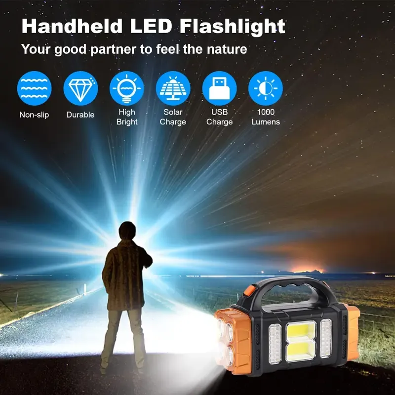 Solar Powered Handheld Flashlight, 8 Modes Spotlight with USB Cable, Rechargeable Portable LED Searchlight for Outdoor Hunting Boating Camping Emergencies