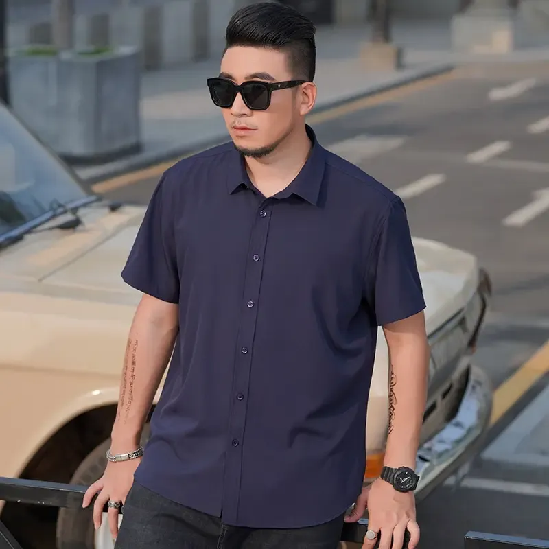 60-175KG Men Oversized Korean Style Solid Color Turn Down Collar Short Sleeve Shirts