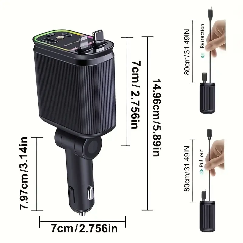 C9  120W Fast-Charging Car Charger with Built-in Retractable Cable