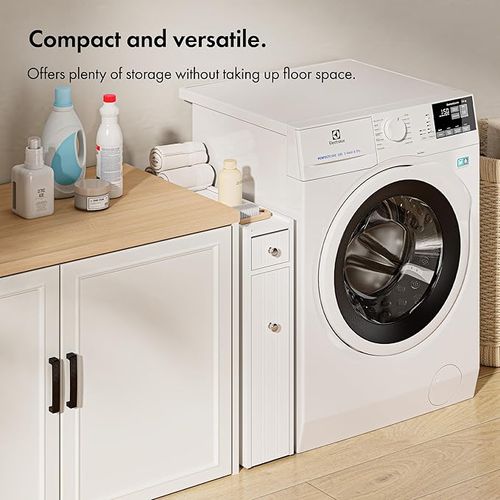 VonHaus Slim Bathroom Storage Unit - White Slimline Bathroom Cabinet - Narrow & Compact Bath Organiser with Drawer & Slide Out Shelving - Freestanding Shaker Style Storage - Holbrook