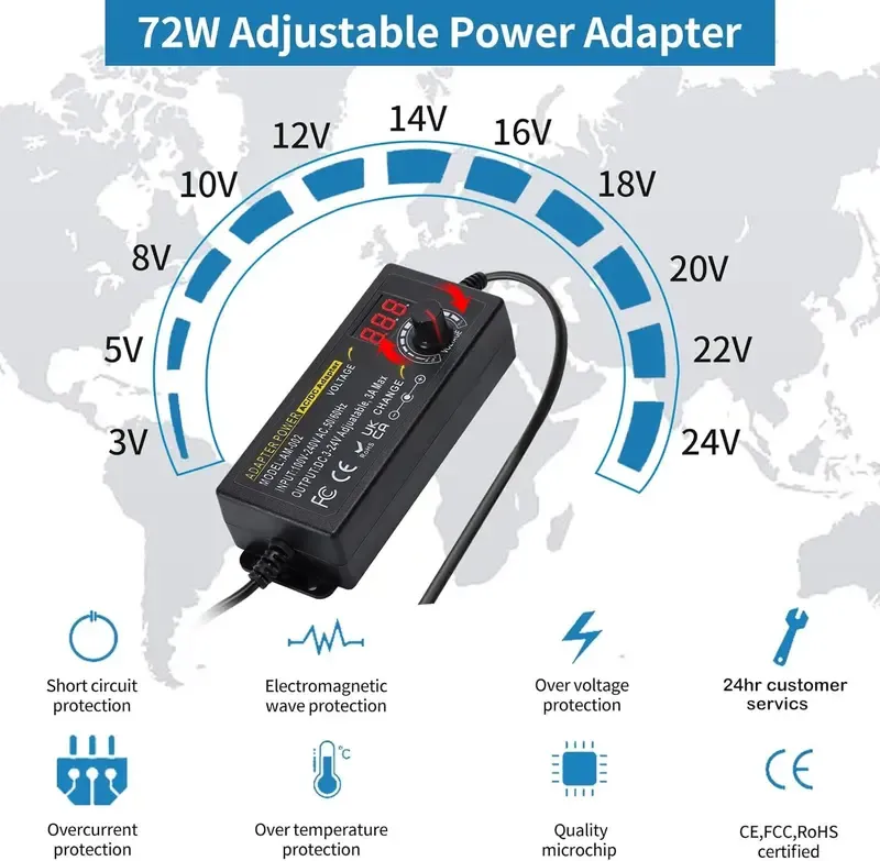 SnapFixMate Universal Power Supply, Plug Converter, Adjustable from 3.5 to 24V at 2A, AC to DC Adapter, US Power Plug, Featuring an LCD Screen And Digital Display, Includes Reverse Polarity Wiring And 14 Connectors