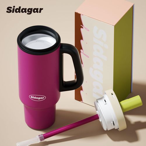 Tumbler with Handle,36 oz Ceramic Lined Travel Mug Water Bottle with Straw,Vacuum Insulated Stainless Steel Cup with Lid,Fits Cup Holder, Leak Resistant Press-in Lid, Purple