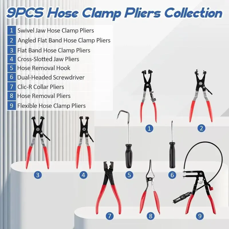 Hose Clamp Pliers, Long Reach Hose Clamp Tool Remover for Water Hose and Automotive Coolant Radiator Heater with Flexible Wire Long Reach Hose Clamp and Flat Band Pliers
