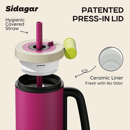 Tumbler with Handle,36 oz Ceramic Lined Travel Mug Water Bottle with Straw,Vacuum Insulated Stainless Steel Cup with Lid,Fits Cup Holder, Leak Resistant Press-in Lid, Purple