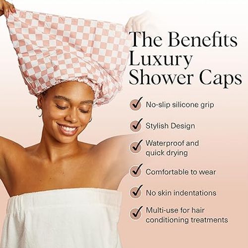 Kitsch Luxury Satin-Lined Flexi Shower Caps for Women Reusable Waterproof - Large Wide Shower Cap for Women & Men, Adjustable, Stylish Hair Cap for Showers, For Long & Short Hair - Terracotta Checker