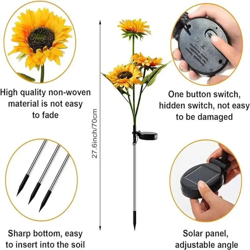 Solar Powered LED Sunflower Garden Lights - Set of 2 Pieces, Realistic Nighttime Glow for Yard, Lawn, Patio, and Porch Decoration, Waterproof IP65, Energy-Efficient Outdoor Lighting, Garden Lighting | Decorative Solar Lights | Durable Plastic Flowers,