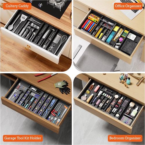 Silverware Organizer Large, Magnetic Connected Expandable 8 Slots Silverware Drawer Organizer from 12 to 20 Inches, Adjustable Flatware and Cutlery Holder, Bamboo Utensil Tray for Kitchen Black