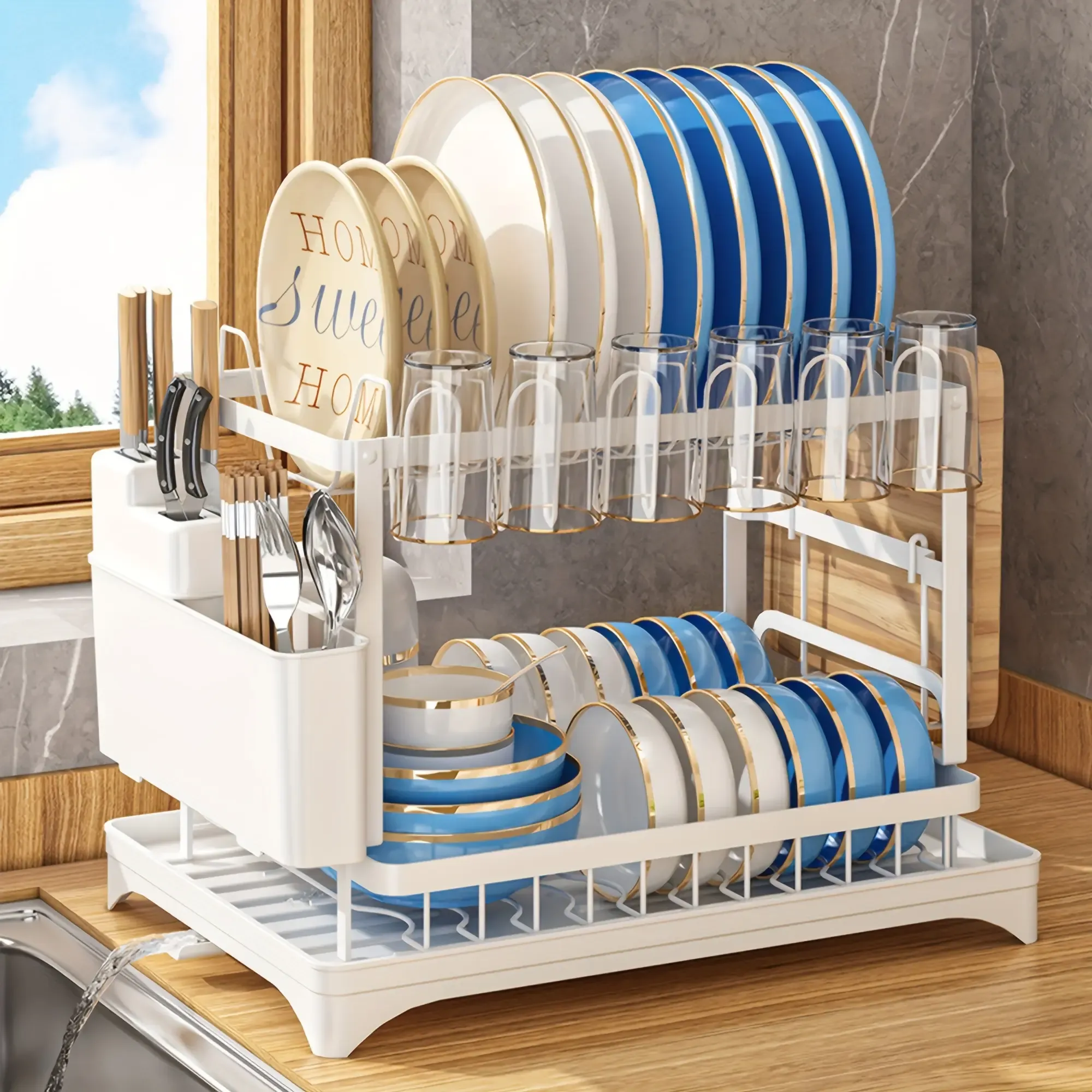 Bepatio Double-Layer Kitchen Countertop Drain Rack, Metal Material, with Drain Board, Can Hold Tableware, Carbon Steel Material, Kitchen Storage Rack