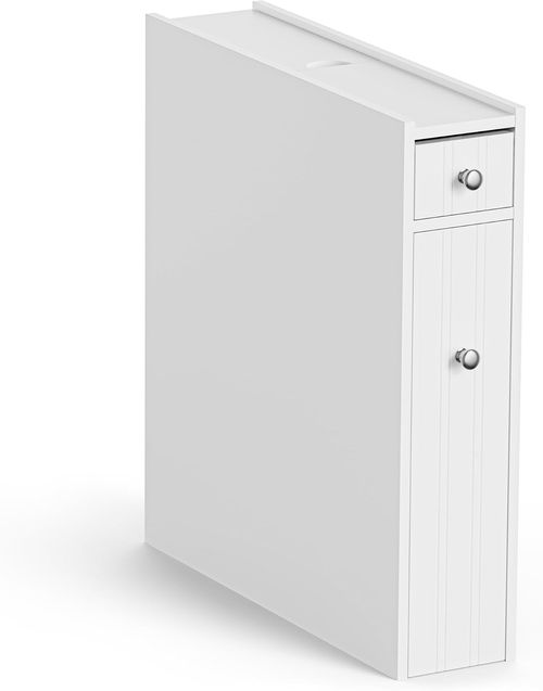 VonHaus Slim Bathroom Storage Unit - White Slimline Bathroom Cabinet - Narrow & Compact Bath Organiser with Drawer & Slide Out Shelving - Freestanding Shaker Style Storage - Holbrook