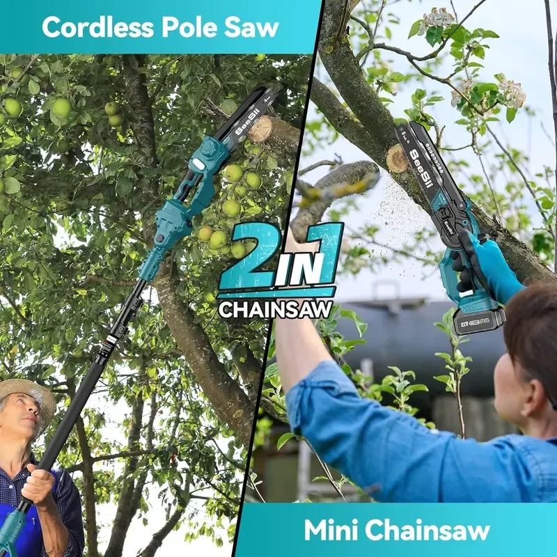 2 in 1 Cordless 8 inch Pole Saw, SeeSii Power Electric Polesaw for Tree Trimming with 2X4.0Ah batteries, Chain Saw with Extension Pole, Limb Branch Cutter Pruner P8 Ace CS300Pro-APS61 CH800B