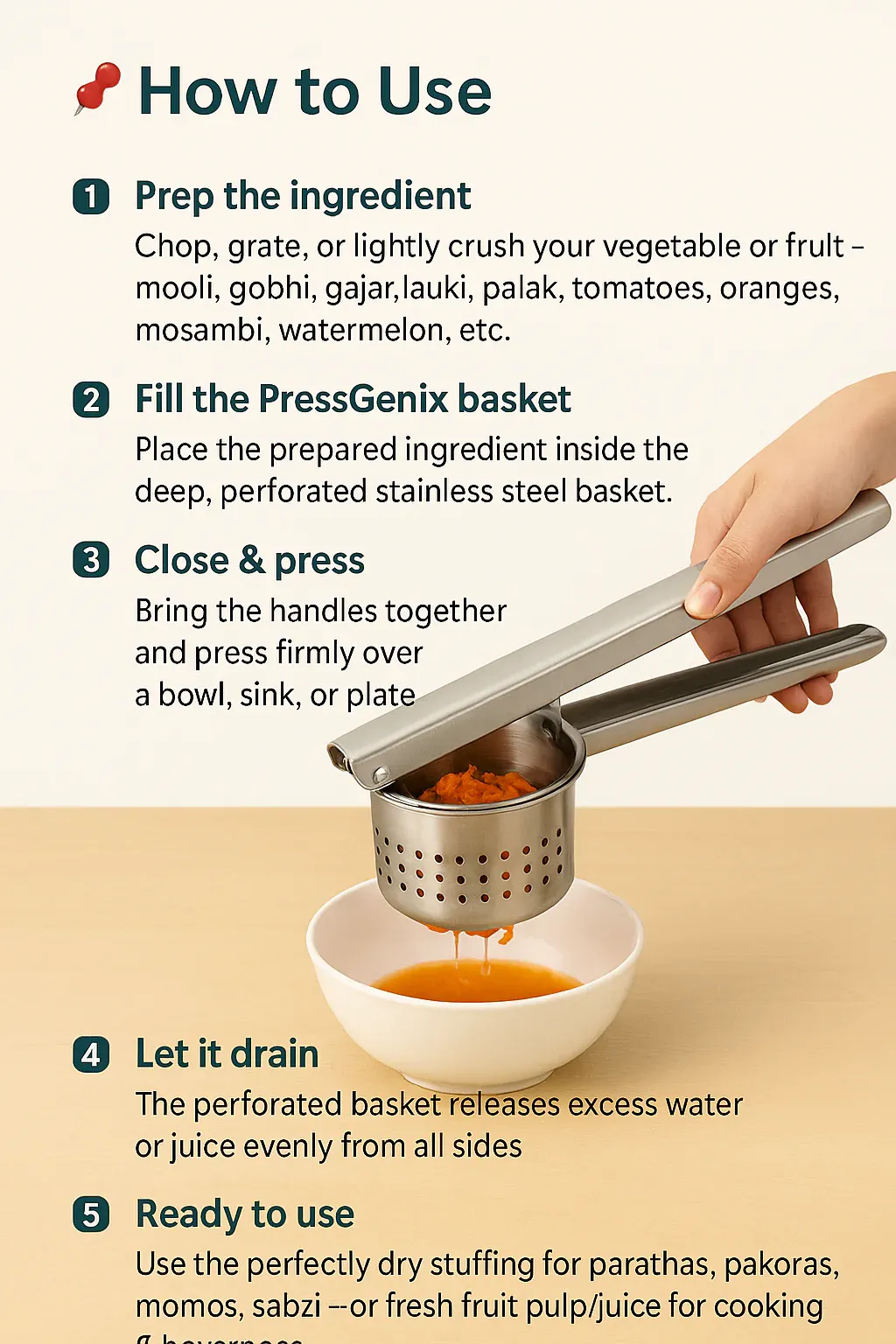 PressGenix Stainless Steel Vegetable And Fruit Press