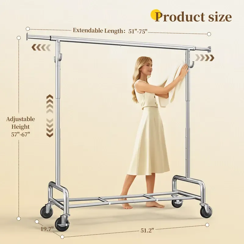 Raybee Clothes Rack for Hanging Clothing with Lockable Wheels,75 inches Extendable & Height Adjustable Coat Rack,Heavy Duty Clothes Racks Holds Up to 440LBS,Portable Rolling Garment Rack with 4 Hooks for Bedroom,Laundry Room,Commercial, Chrome