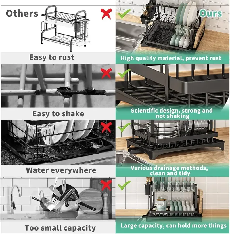 Bepatio Double-Layer Kitchen Countertop Drain Rack, Metal Material, with Drain Board, Can Hold Tableware, Carbon Steel Material, Kitchen Storage Rack