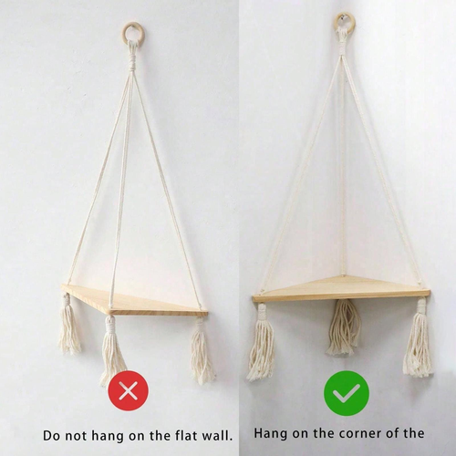 Wooden Wall-Mounted Design Hanging Rack, 1 Count Boho-Style Triangle Storage Rack, Home Decor for Bedroom, Living Room or Study, Corner Wall Shelf