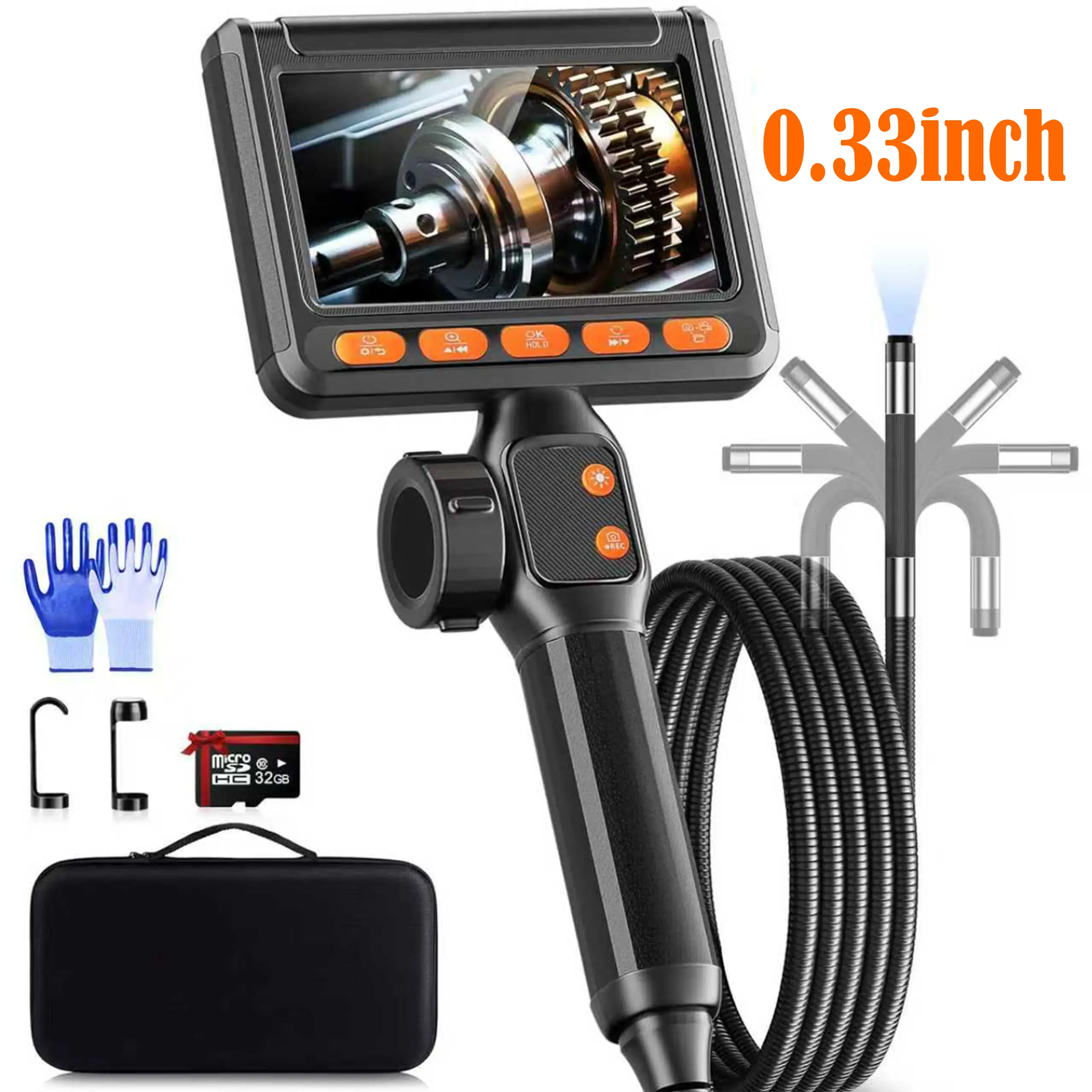 SHEKAR 0.33in  0.23in Two-Way Endoscope Camera with 32GB Card, 360° Rotatable Waterproof Borescope with Light, Articulated Snake Camera, Inspection Scope for Automotive, Mechanic, Wall, Vehicle, Drain, Home Improvement