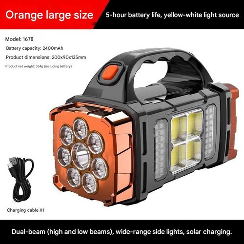 Solar Powered Handheld Flashlight, 8 Modes Spotlight with USB Cable, Rechargeable Portable LED Searchlight for Outdoor Hunting Boating Camping Emergencies