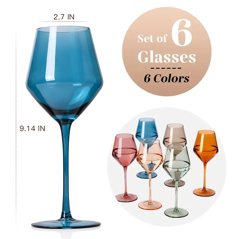 Hand Blown Colored Wine Glasses, 16oz Long Stemmed Crystal Wine Glasses | Set of 6 | Drinkware