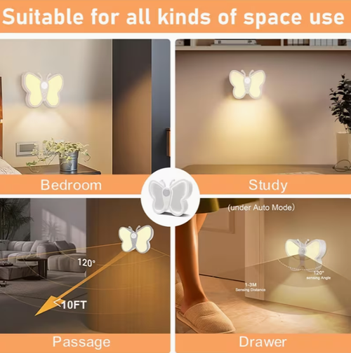 Smart Motion-Sensing LED Butterfly Night Light — Cordless, Rechargeable, Eye-Friendly, Magnetic, 7-Color Changing RGB Ambient Lamp