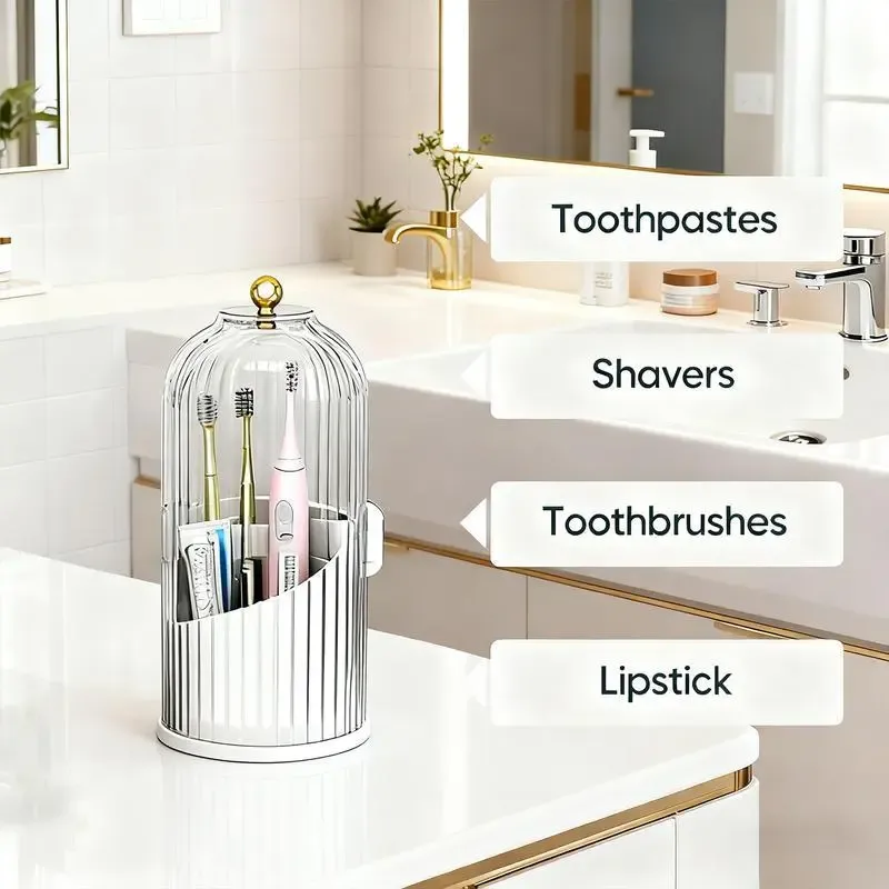 Dustproof Toothbrush Holders with Cover, Rotating Electric Toothbrush and Toothpaste Holder for Bathroom Countertop, 3 Slots Transparent Makeup Brushes Organizer for Vanity Dresser Bathroom & Office Makeup Brushes Holder, Beauty Organiser