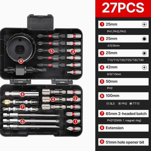 27-Piece Magnetic Non-Slip Industrial Impact Grade Screwdriver Bit Set, 25mm to 100mm, with Socket Adapters