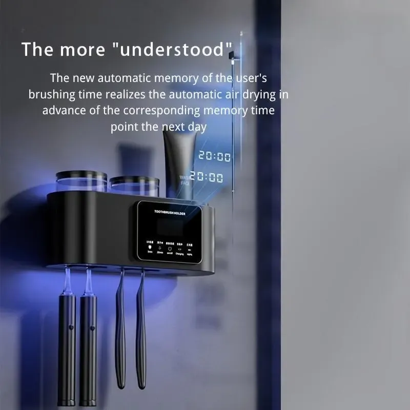 Wall Mount Toothbrush Holder with 2 Tooth Cups Smart Sterilizer Waterproof Durable Heat Resistant Odourless Modern Style Organizer Black Bathroom Accessory