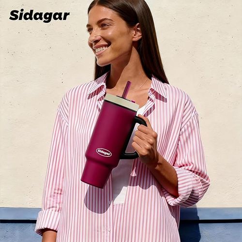 Tumbler with Handle,36 oz Ceramic Lined Travel Mug Water Bottle with Straw,Vacuum Insulated Stainless Steel Cup with Lid,Fits Cup Holder, Leak Resistant Press-in Lid, Purple