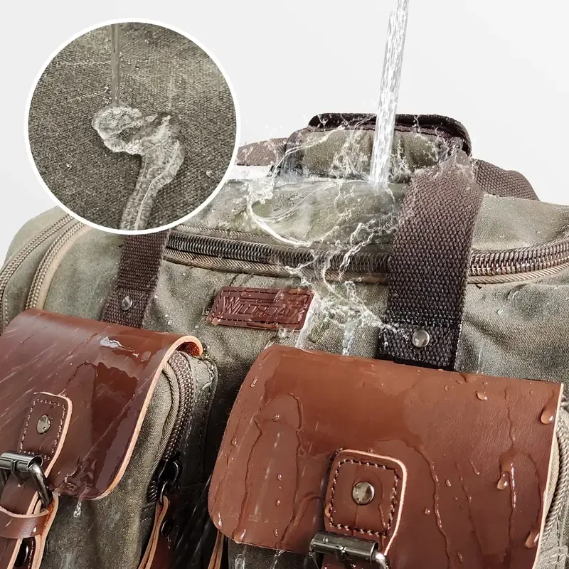 Wildroad Duffle Bag for Men Waterproof Waxed Canvas Genuine Leather Weekender Overnight Vintage Durable Bag With Pockets Travel Large Capacity Garment Spacious Convertible Sleepover Aesthetic Personalized Portable Gift Carry-On Lightweight trip essential