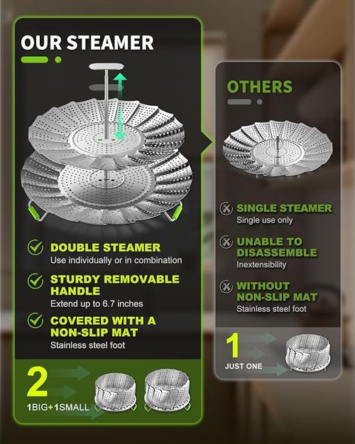 2 Layer Steamer Basket for Cooking - Large Capacity 2-in-1 Stainless Steel Vegetable Steamers,Expandable 5.4-11 Inches Adjustable Steamer Insert for Pots,Instant Pot,Dual Layer Steamers for Baby Food,Seafood,Dumplings ​