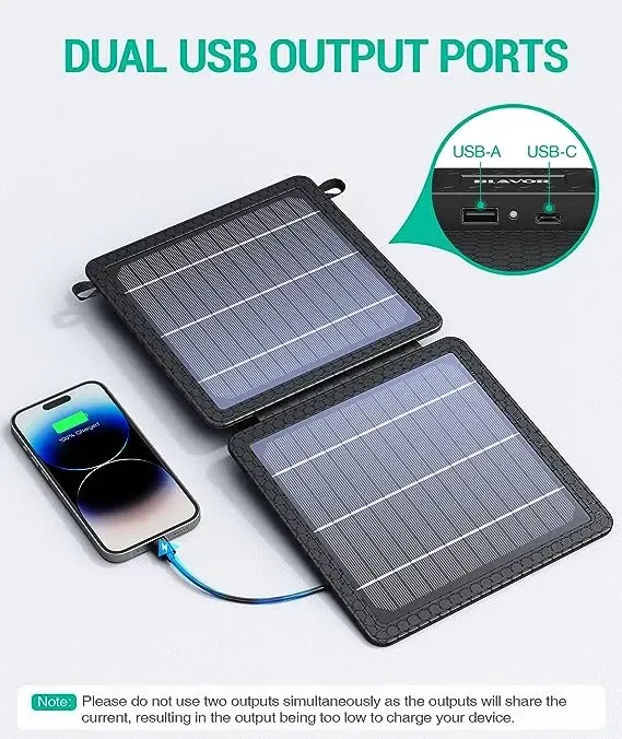 10W Solar Charger, IP65 Waterproof, Foldable with Dual USB Outputs (5V-2A Max) for iPhone, iPad, Samsung, and more. Ideal for outdoor use.