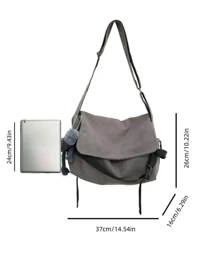 Men's Plain Canvas Crossbody Bag, Solid Color Trendy Versatile Crossbody Bag with Cartoon Charm, Large Capacity Daily Commuting Shoulder Bag for Work & School