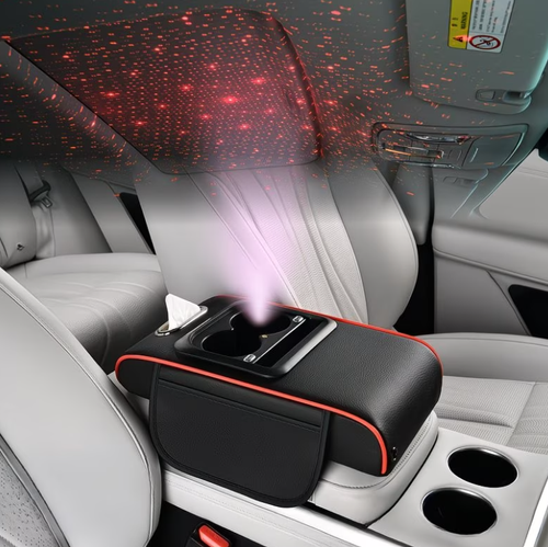 Multifunctional car armrest lift pad with starry sky ceiling design, charging function, six-in-one storage, cup holder, and tissue box.