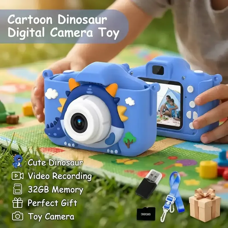 Cartoon Dinosaur Digital Camera, Cute Video Recording Camera Toy with 32 GB Memory Card, Birthday and Holiday Gift for Kids