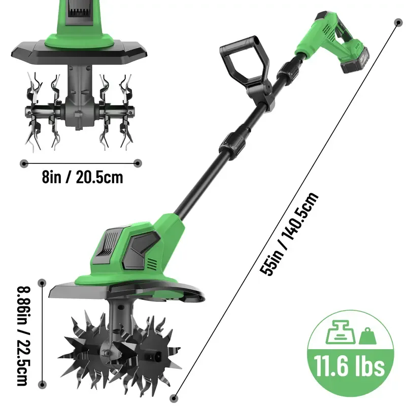 21V Cordless Tiller (Soil Cultivator) — 9-Inch Portable Garden Rototiller, Includes Two 4.0Ah Batteries and Charger.270 RPM Speed, Adjustable Handle. Electric Cultivation Tool Suitable for Flowerbeds, Orchards, and Raised Garden Beds
