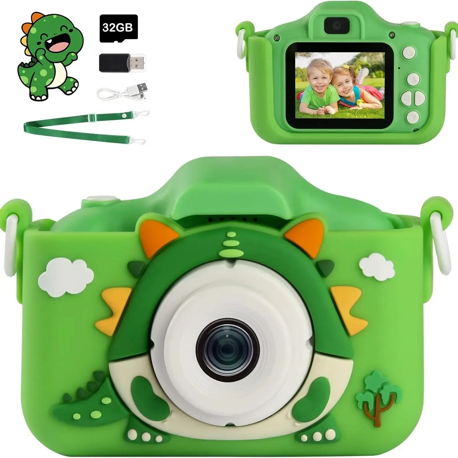 Cartoon Dinosaur Digital Camera, Cute Video Recording Camera Toy with 32 GB Memory Card, Birthday and Holiday Gift for Kids