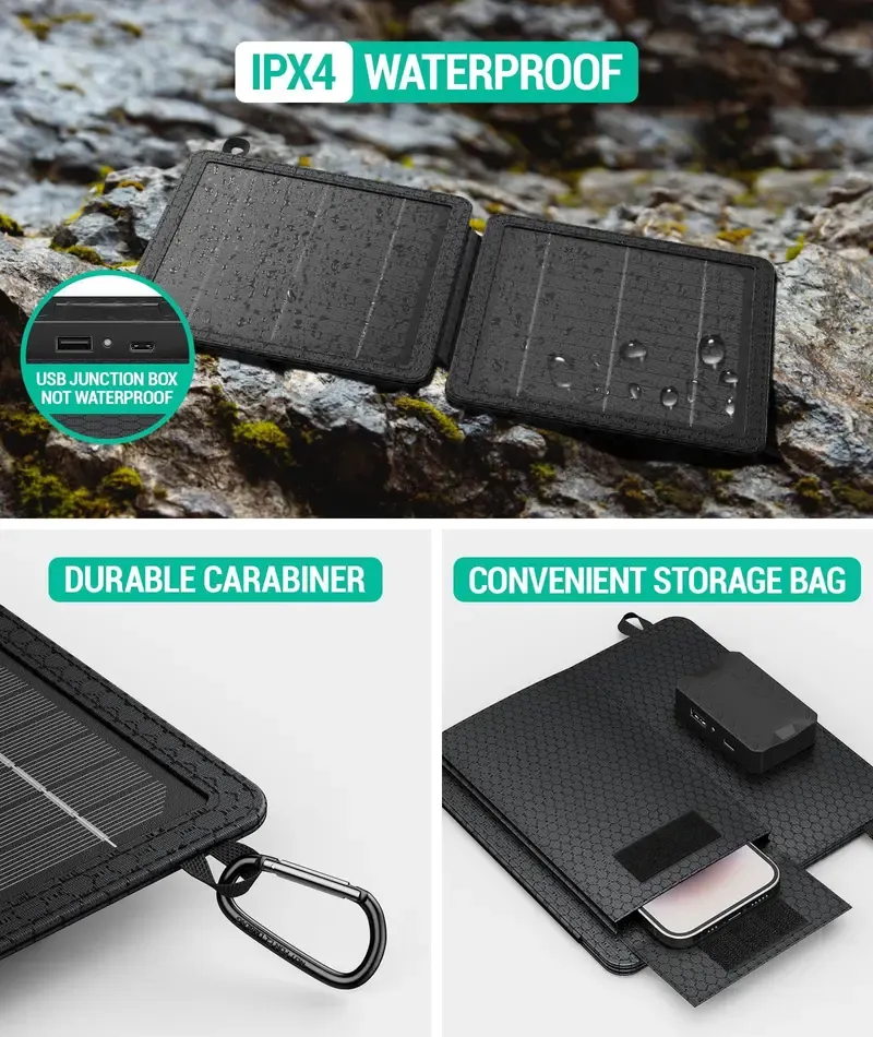 10W Solar Charger, IP65 Waterproof, Foldable with Dual USB Outputs (5V-2A Max) for iPhone, iPad, Samsung, and more. Ideal for outdoor use.