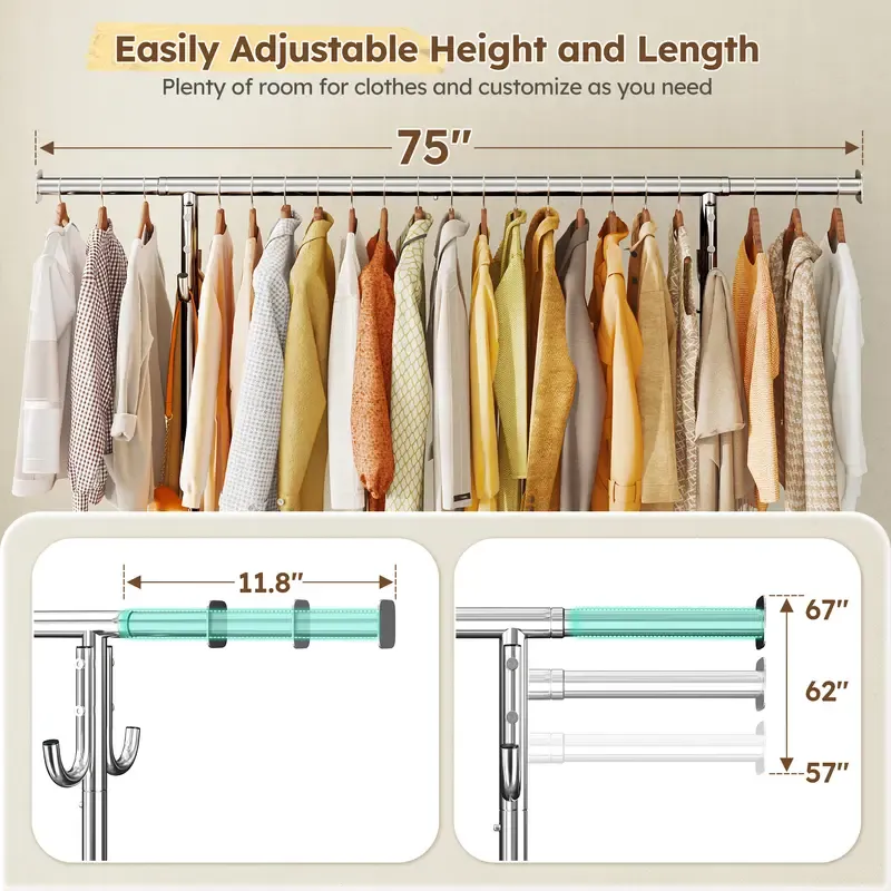 Raybee Clothes Rack for Hanging Clothing with Lockable Wheels,75 inches Extendable & Height Adjustable Coat Rack,Heavy Duty Clothes Racks Holds Up to 440LBS,Portable Rolling Garment Rack with 4 Hooks for Bedroom,Laundry Room,Commercial, Chrome