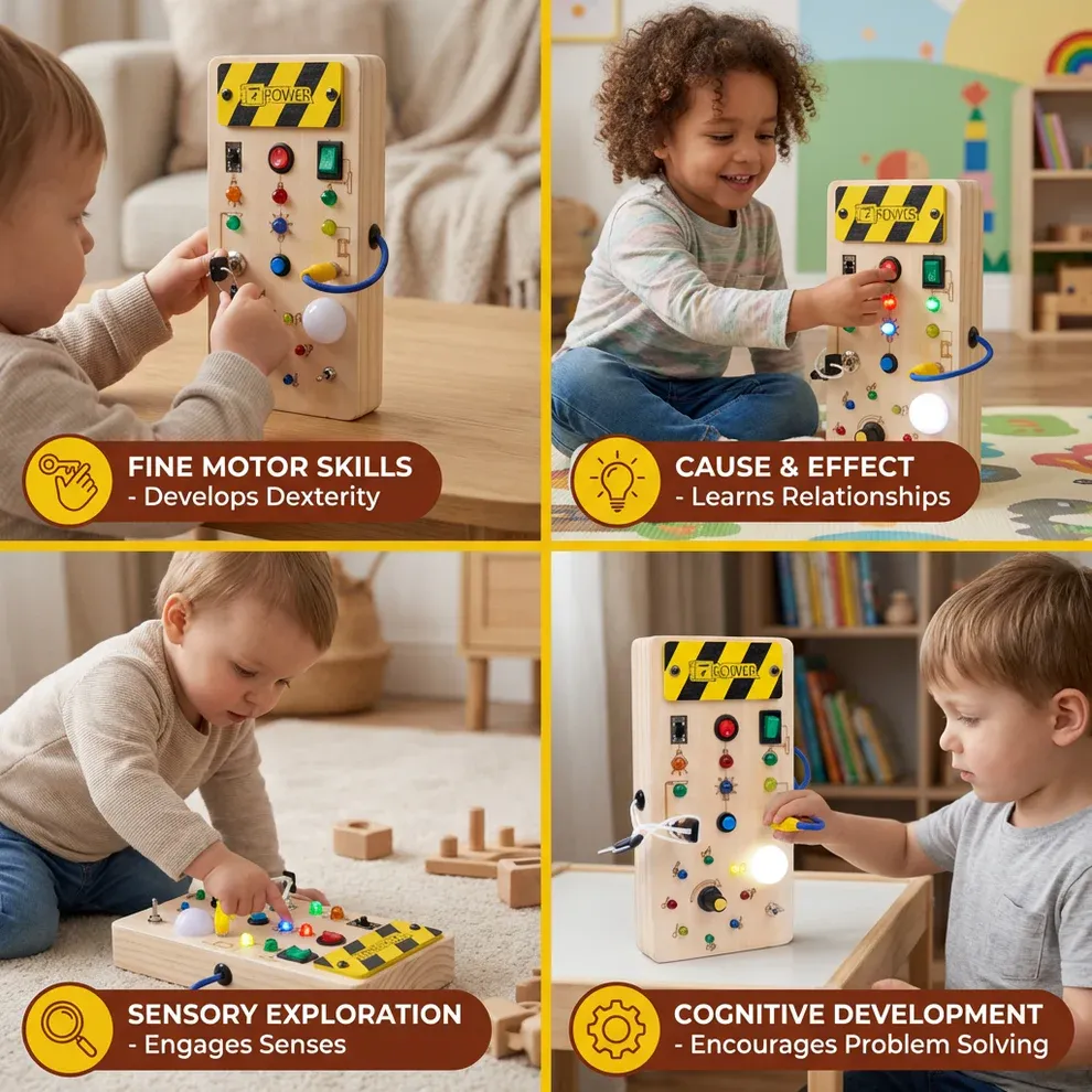 Montessori Sensory Board Made of Wood with Lights & Switches – Motor Skills Toy for Children