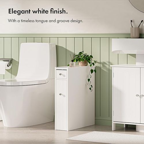 VonHaus Slim Bathroom Storage Unit - White Slimline Bathroom Cabinet - Narrow & Compact Bath Organiser with Drawer & Slide Out Shelving - Freestanding Shaker Style Storage - Holbrook