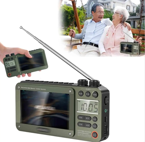 Portable rechargeable video radio, supports AM.FM and SW bands, equipped with Bluetooth, supports USB.Micro SD cards, 5W speaker, and headphone jack.