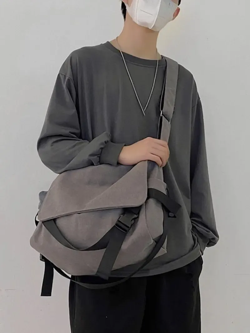 Men's Plain Canvas Crossbody Bag, Solid Color Trendy Versatile Crossbody Bag with Cartoon Charm, Large Capacity Daily Commuting Shoulder Bag for Work & School