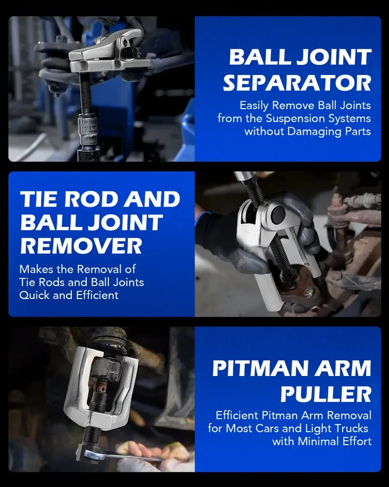 OMT 5-in-1 Heavy Duty Ball Joint Separator, Pitman Arm Puller, Tie Rod End Tool Set, Splitter Removal Kit Red Blue Red Black, Mutifunction Tool Accessories Set for Front End Service, Gift for men, Home car repair, Automotive Maintance Tool Box