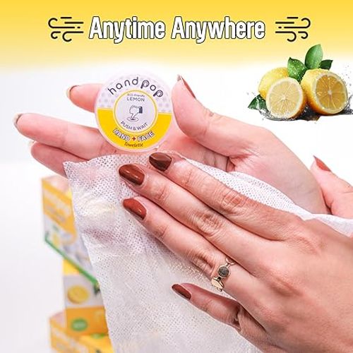 Hand Pop Lemon Scented Wipes - 50 Pack of Travel Size Wet Towelettes, Alcohol-Free, Wipes for Skin Hydration, Convenient, Eco-Friendly, Refreshing, Fits in Gym Bag, Purse, Pocket, or Luggage