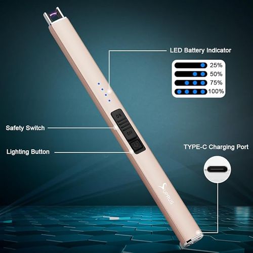 SUPRUS Electric Arc Lighter Windproof Flameless USB Rechargeable Lighter with Safety Lock for Candle BBQ Camping (Gold)