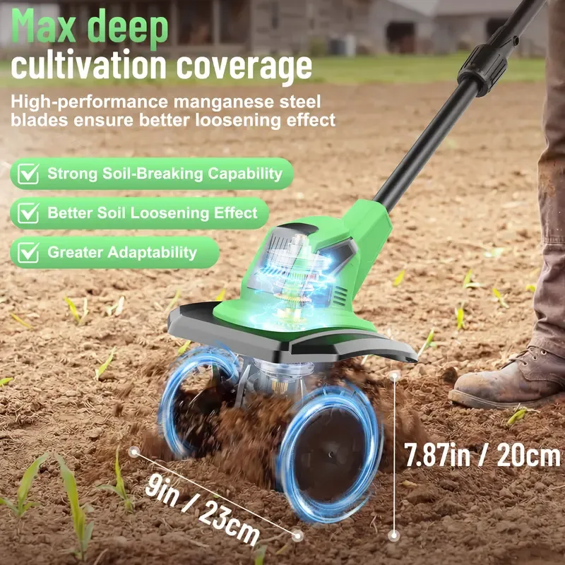 21V Cordless Tiller (Soil Cultivator) — 9-Inch Portable Garden Rototiller, Includes Two 4.0Ah Batteries and Charger.270 RPM Speed, Adjustable Handle. Electric Cultivation Tool Suitable for Flowerbeds, Orchards, and Raised Garden Beds