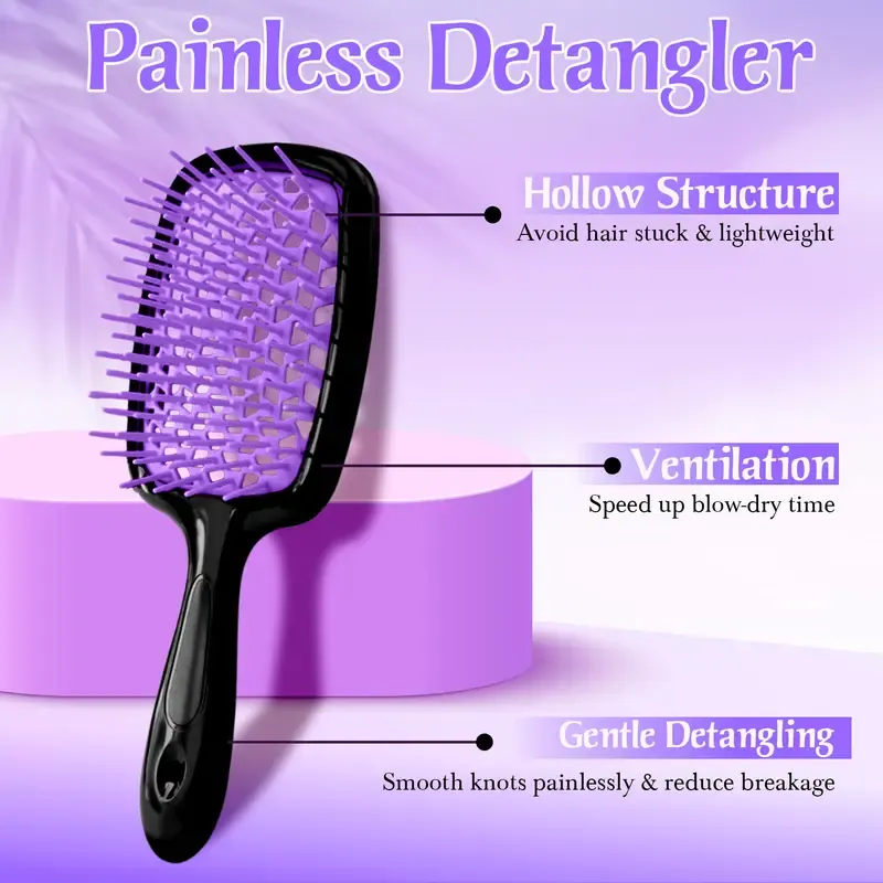 Purple 6-in-1 Hair Brush Set with Detangler & Combs for Straight Curly All Hair Types Wet Dry Adults Children 13 Counts Hair Care Kit